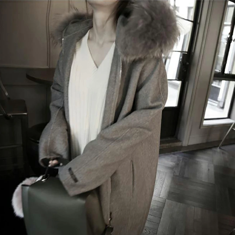 Зима, новинка, корейский стиль, большой меховой воротник с капюшоном, сплошной цвет, с длинным рукавом, на молнии, серое, широкое приталенное пальто для женщин, L135