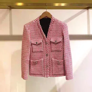 

Women Jacket 2020 Spring and Summer New Check V-neck Breasted Cardigan Woolen Short Coat