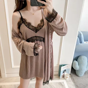 

Navy Blue Sleepwear Female 2PCS Velour Sexy Nightgown Autumn Winter Kimono Bathrobe Gown Velvet Casual Home Dressing Gown