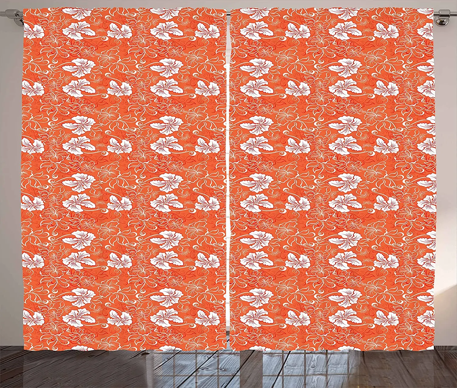 Burnt Orange Blackout Curtains Hawaiian Hibiscus Pattern with Swirls and Curves on Background Window Curtain | Дом и сад