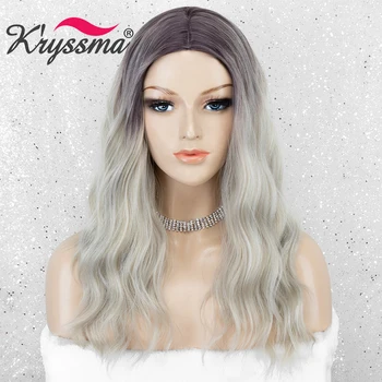 

Kryssma Long Wavy Synthetic Wigs Middle Part Heat Resistant Fiber Hair Wig Ash Blonde Wig For Women Grey Cosplay Wigs With