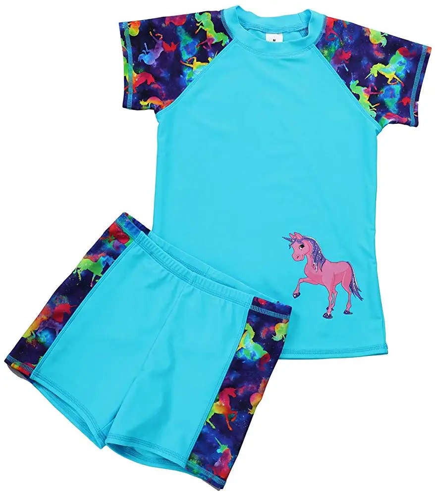 Детский купальный костюм с единорогом для девочек-подростков купальный костюм из 2 предметов(футболка+ плавки), пляжные купальные костюмы купальный костюм с изображением единорога - Цвет: SC001-02