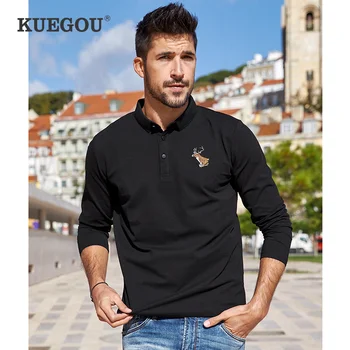 

KUEGOU 2020 Autumn Cotton Embroidery Black Polo Shirt Men Fashion Long Sleeve Slim Poloshirt Male Brand Plus Size Clothes 7704