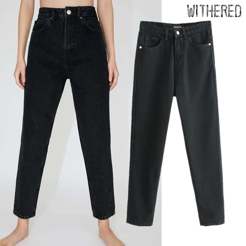 Потертые джинсы в английском консервативном стиле Для Мамы Женские винтажные джинсы с высокой талией прямые черные Джинсы бойфренда для женщин