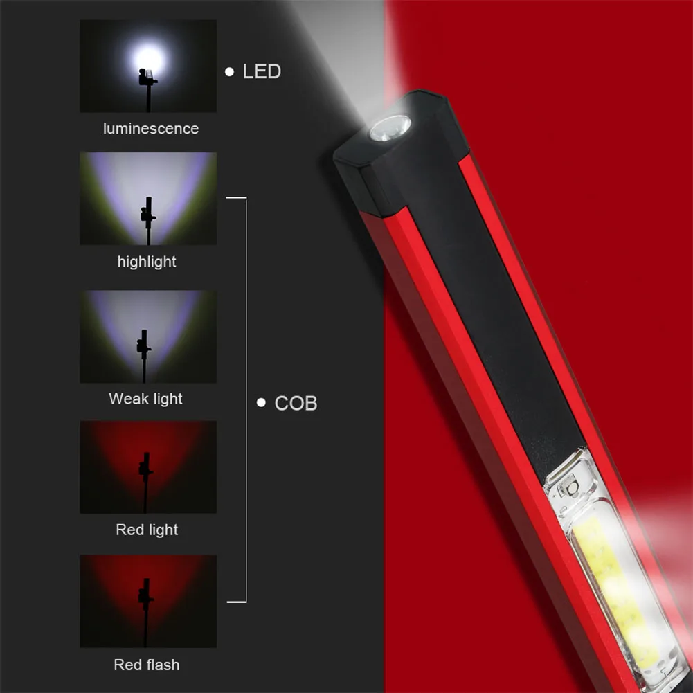Portable LED Magnet 5 Modes Flashlight Lamp Outdoor 18650 Battery Rechargeable Light COB Penlight