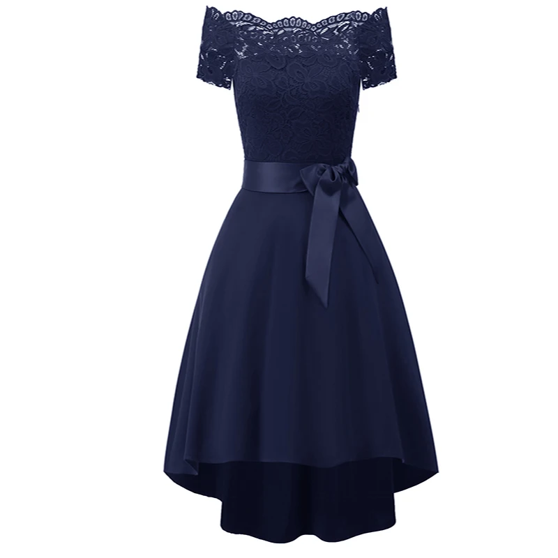 

Spring Summer Lace One-Shouldered short sleeve Bowknot New Dresses Pure Color Ladies Dancing party