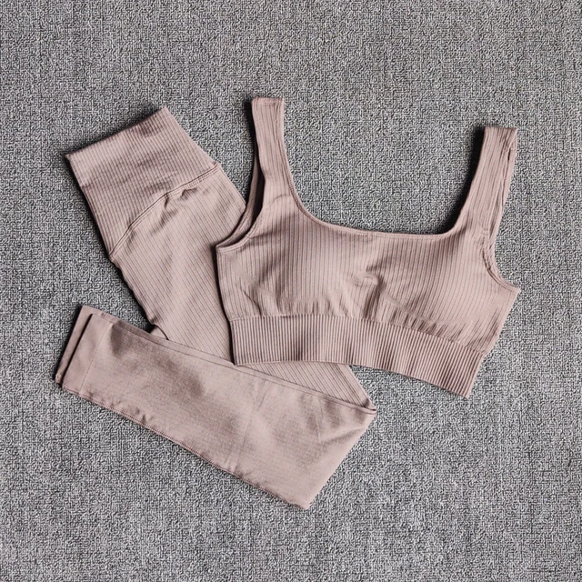 Women's Sportswear Yoga Set Workout Clothes Athletic Wear Sports Gym Legging Seamless Fitness Bra Crop Top Long Sleeve Yoga Suit BraPantsBrown