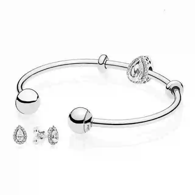 

100% 925 silver radiant sterling tear open bangle and light set earrings cz fit diy charm bracelets set jewelry