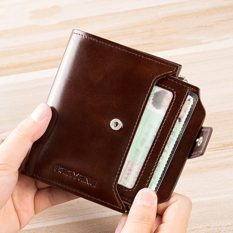 Men's Leather Trifold Short Wallet RFID Blocking Credit Card Holder Coin Zipper Pocket