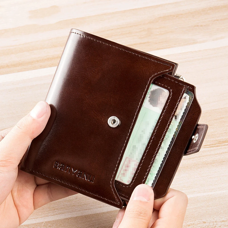 Men's Genuine Leather Wallet Vintage Short Multi Function Business Card  Holder RFID Blocking Zipper Coin Pocket Money Clip - AliExpress