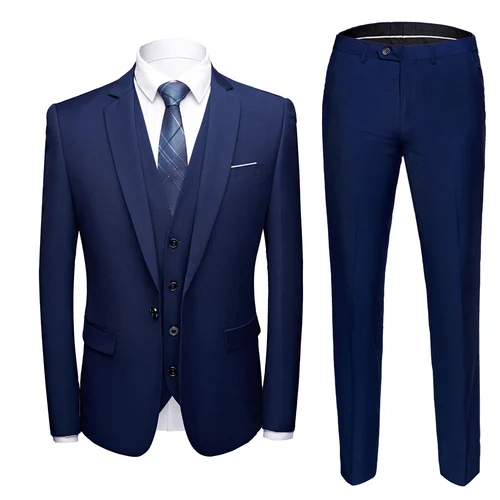Высококачественный мужской костюм, Свадебный костюм жениха, смокинг, лучший мужской Тонкий деловой костюм жениха из 3 предметов(пиджак+ жилет+ брюки), Азиатский размер - Цвет: Dark Blue 1 button