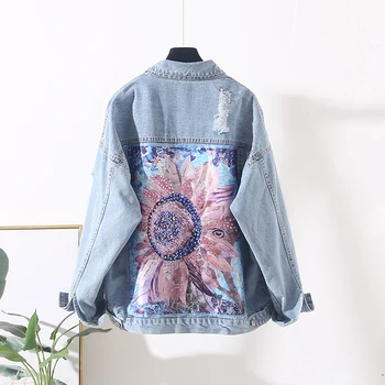 

Spring boho Denim jacket for women autumn Sequin floral appliques jeans jackets coat long sleeve Outerwear female casual jacket
