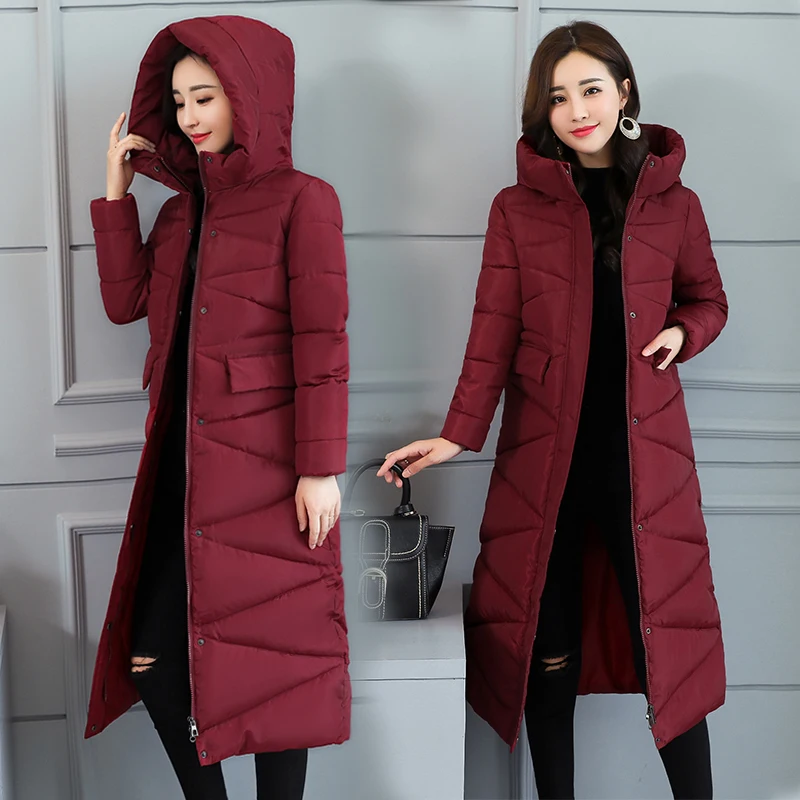 Стеганая куртка Женская длинная до колена тонкая с капюшоном Корейская версия