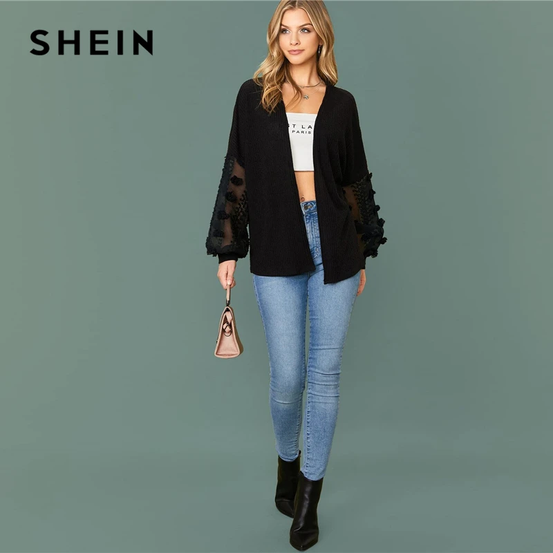 price cut  SHEIN Black Swiss Dot Mesh Lantern Sleeve Rib-knit Coat Oversized Top Women 2020 Autumn Office Lady