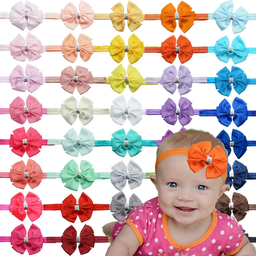 

10pcs/lot 4 Inches Solid Color Grosgrain Ribbon Bows Children Hairband Handmade Bowknot Elastic Headband Sweet Hair Accessories