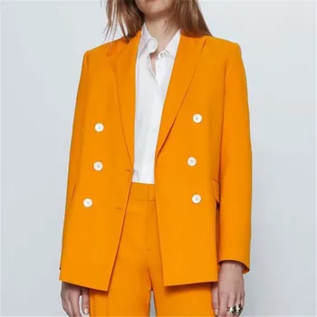 

Women Orange Suit Blazer Double Breasted Female Long Sleeve Elegant Jacket Ladies Work Wear Blazer Formal Suits