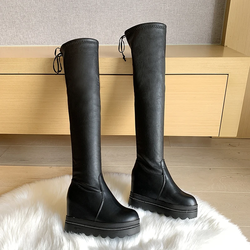 Rimocy 2019 Winter Over The Knee Boots Women Height Increasing Platform Thigh High Female Hidden Wedge Lace Up Shoes Woman |