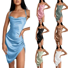 

Women Close-fitting Boat Neck Dress, Solid Color Sleeveless Spaghetti Strap Dress