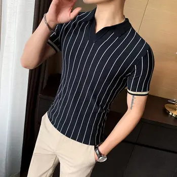 

2020 Trendy Men's Slim Polo Shirt Temperament Spring and Summer Youth Classic Striped Lapel Men's Short Sleeve Bottoming Shirt