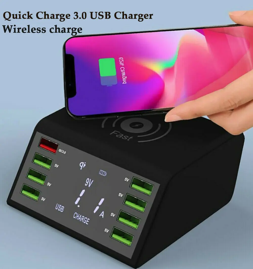 

8 Ports Quick Charge USB Charger QC 3.0 Smart Power Adapter Station LCD Display+Wireless fast charge Eu/US/Au/UK Plug