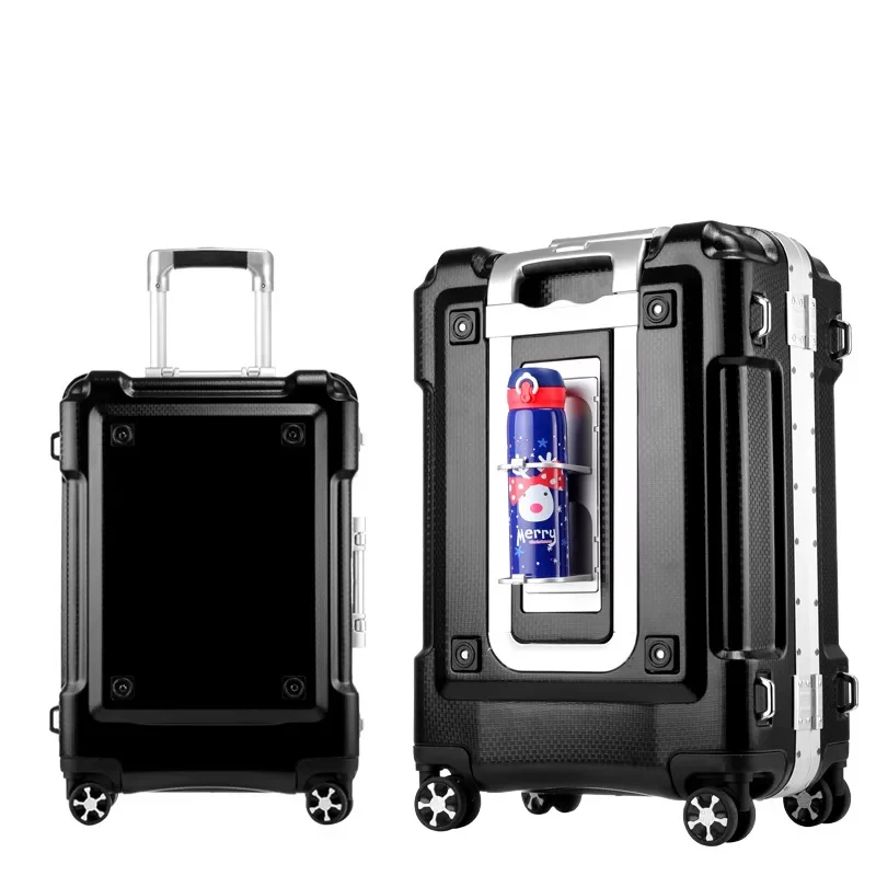 New Aluminum frame trolley luggage spinner travel suitcase box TSA luggage universal wheel men women boarding rolling luggage - Цвет: Black
