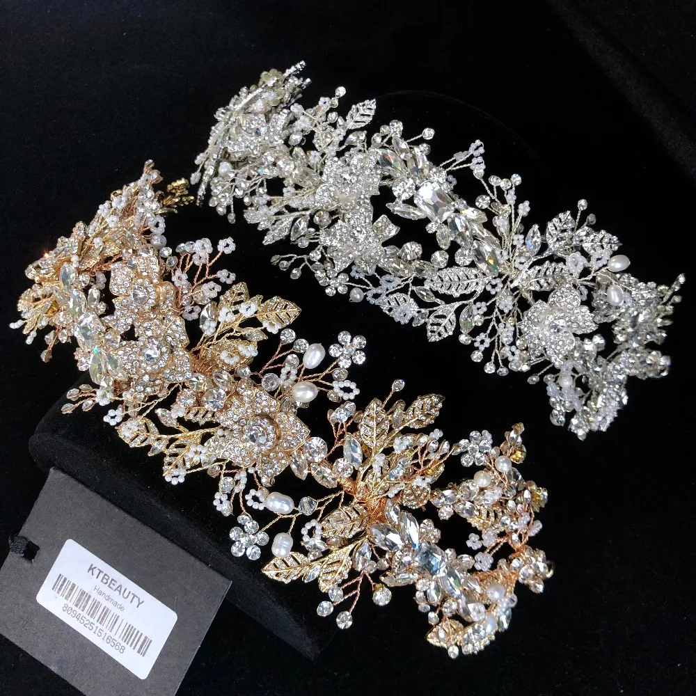 Горный хрусталь серебро/золото Кристалл цветы жемчуг повязка ручной работы для волос королевская свадебная одежда Корона аксессуар для женщин ювелирные изделия