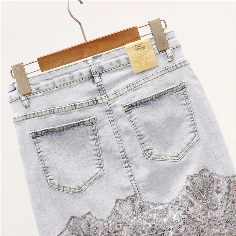 2020 Summer Korean Fashion Sequins Tassel Denim Skirt Women Vintage Washed Blue Slim Short Sexy High Waist Jeans Skirts Female
