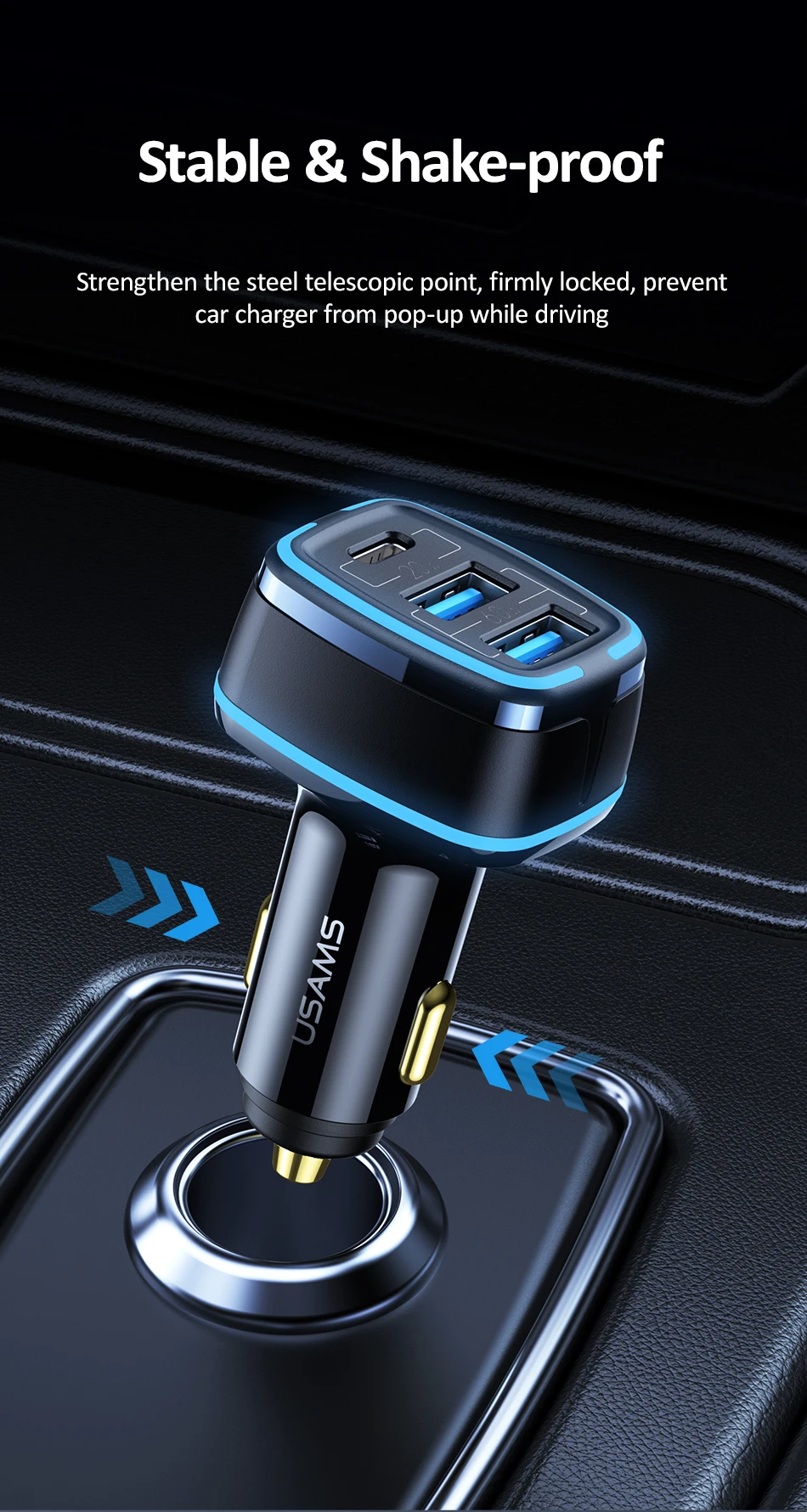 USAMS 80W Car Fast Charger with 3 Ports USB Type C PD 3.0 QC3.0 Quick Charge US-CC126 25 H46a21881588f41d3938a88fd7e6d2c78d