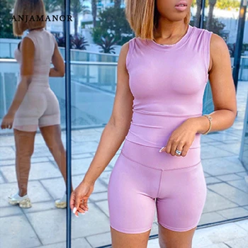 

ANJAMANOR Sexy 2 Piece Set Women 2020 Summer Cute Outfits for Women Matching Sets Crop Tops Shorts Bodycon Tracksuit D37-AC43
