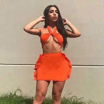 

Women Strapless Bodycon 2 Piece Set Clothing Halter Ruffle Solid Skirts Sets Bandage Sleeveless Tracksuits Beachwear