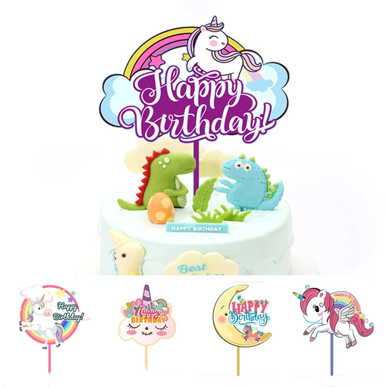 Ins Simpatici Animali Happy Birthday Cake Toppers Unicorn Birthday Party Acrilico Cake Topper Per Baby Shower Dessert Bandiere Decorazione