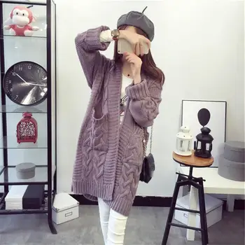 

2019 Fall Winter Women Korean Basic Loose Knitted Cardigans Casual Long Sleeve Long Sweater V-Neck Female Pocket Sweaters