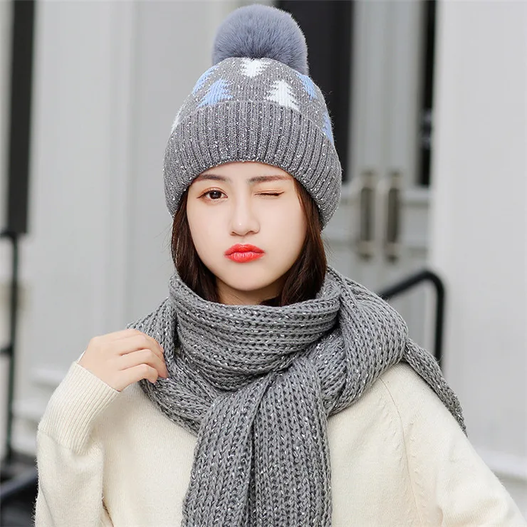 gray set Женский комплект из 2 предметов, новая зимняя шапка и шарф, комплект для девочек, бархатная Толстая теплая шапка, женская зимняя повседневная ветрозащитная вязаная шапка - Цвет: gray set
