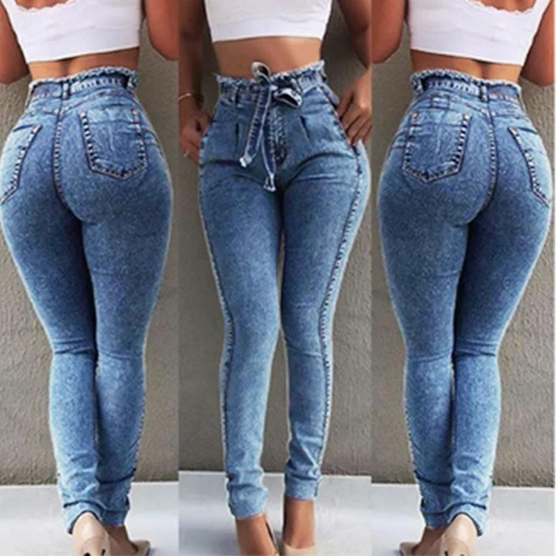 Новинка, женские джинсы с высокой талией, обтягивающие, тянущиеся, джинсы, облегающие, с кисточками, с поясом, обтягивающие, пуш-ап, джинсы для женщин