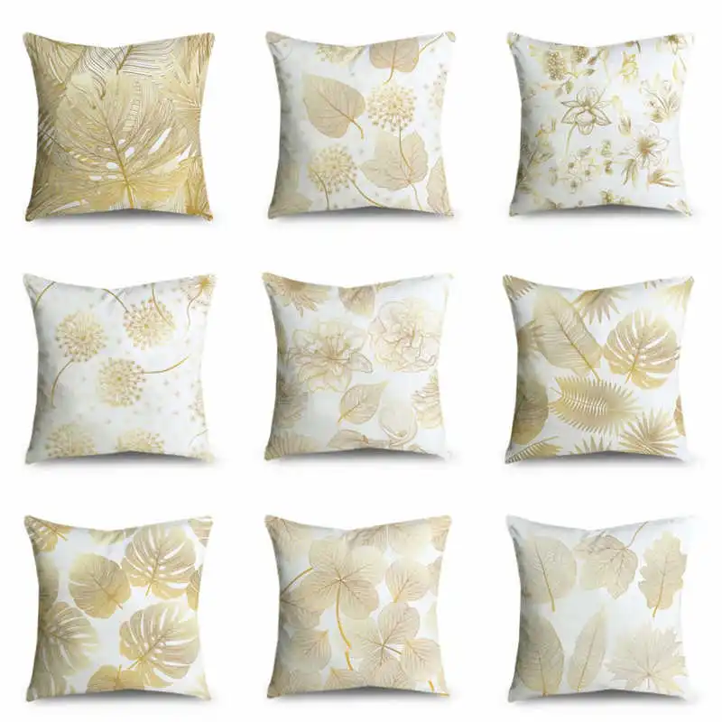 

Cushion Golden Throw Flowers Microfiber Cover Pillow Decorative Soft Case Leaves Sofa