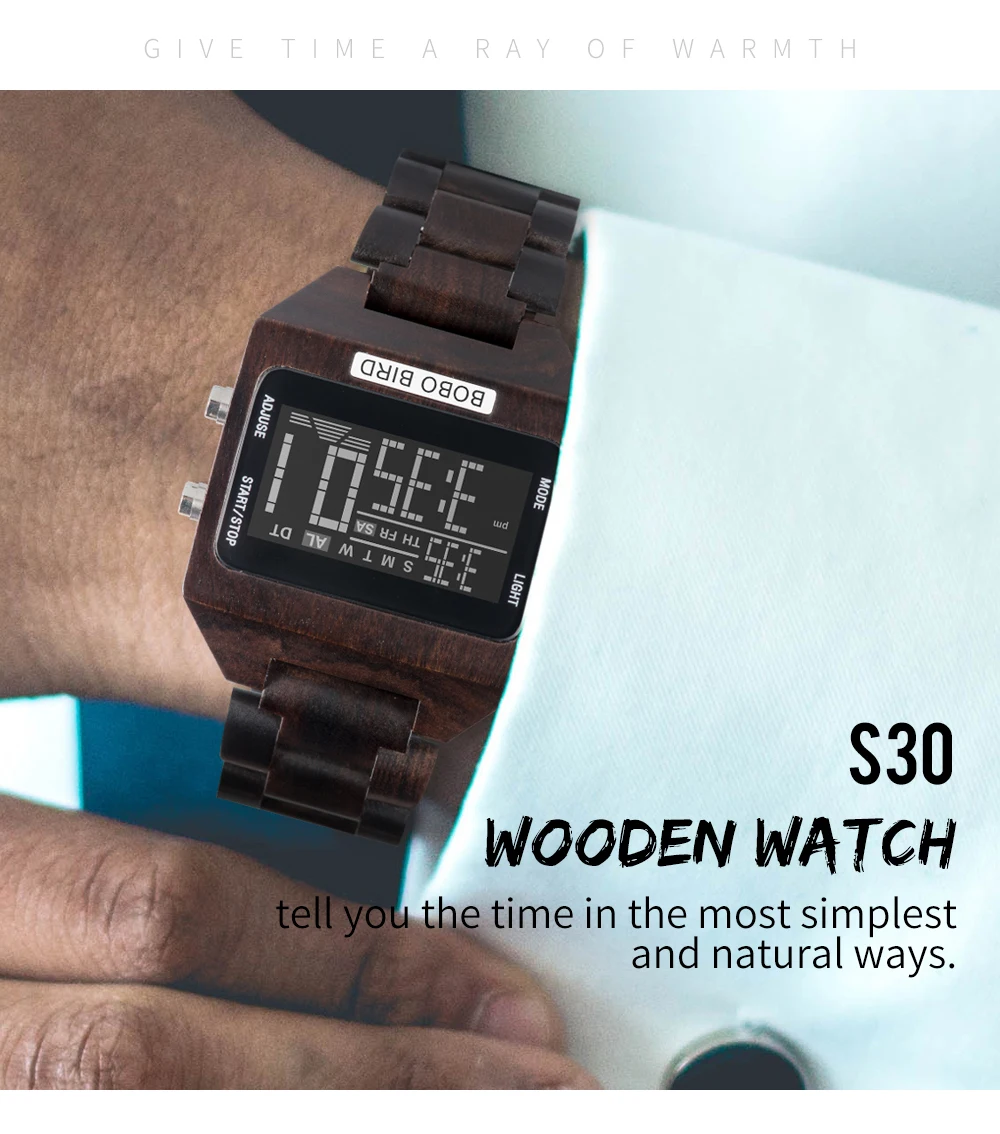 BOBO BIRD оригинальная брендовая с деревянной часы Relogio Цифровые мужские часы водонепроницаемые будильник мужские наручные часы в подарочной бумажной коробке