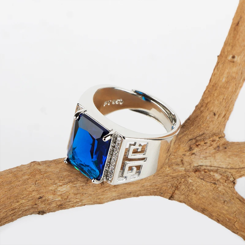 Cellacity Classic Silver 925 Jewelry Rings Man Rectangle Shape Sapphire Gemstones Open Adjust Size Fine Jewelry Gifts silver rings silver ring gemstone ring