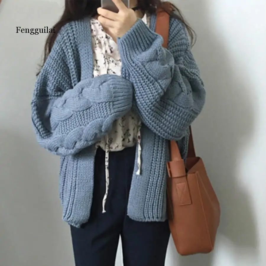 

Solid V-Neck Knit Sweater Women Autumn Korean Long Sleeve Loose Sweater Cardigan Ladies Casual Warm College Winter Coat