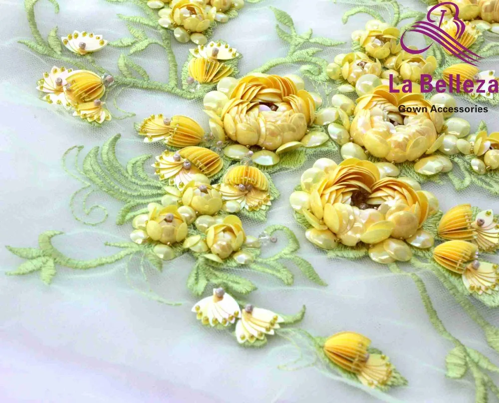Ivory/pink/yellow flower large pattern with beads applique patch ployester embroidery patch wedding dress Accessories