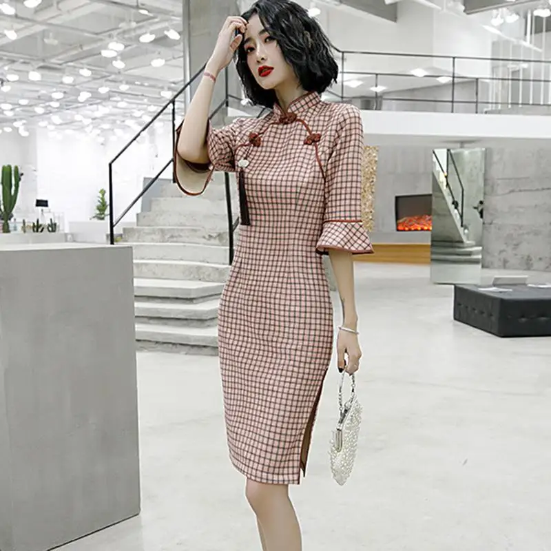 Клетчатое желтое Cheongsam женское винтажное сексуальное Qipao Большие размеры женское Vestidso воротник Мандарин полурукав вечернее Вечерние платья - Цвет: Pink