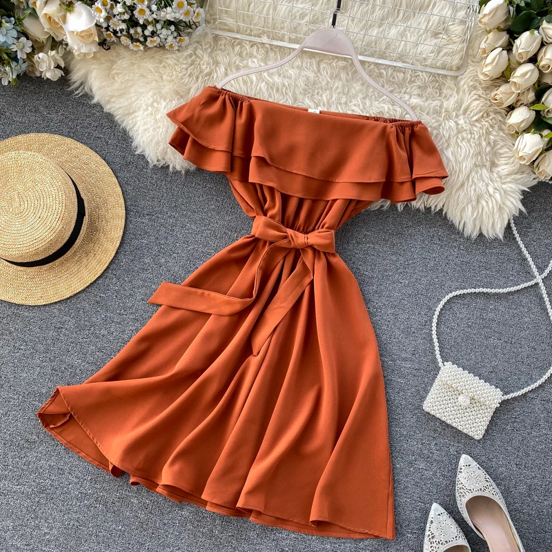 SINGRAIN Summer Women Off Shoulder Dress Bohemian Romantic Ruffle Sundress Party Holiday A-Line Retro Solid Chiffon Beach Dress