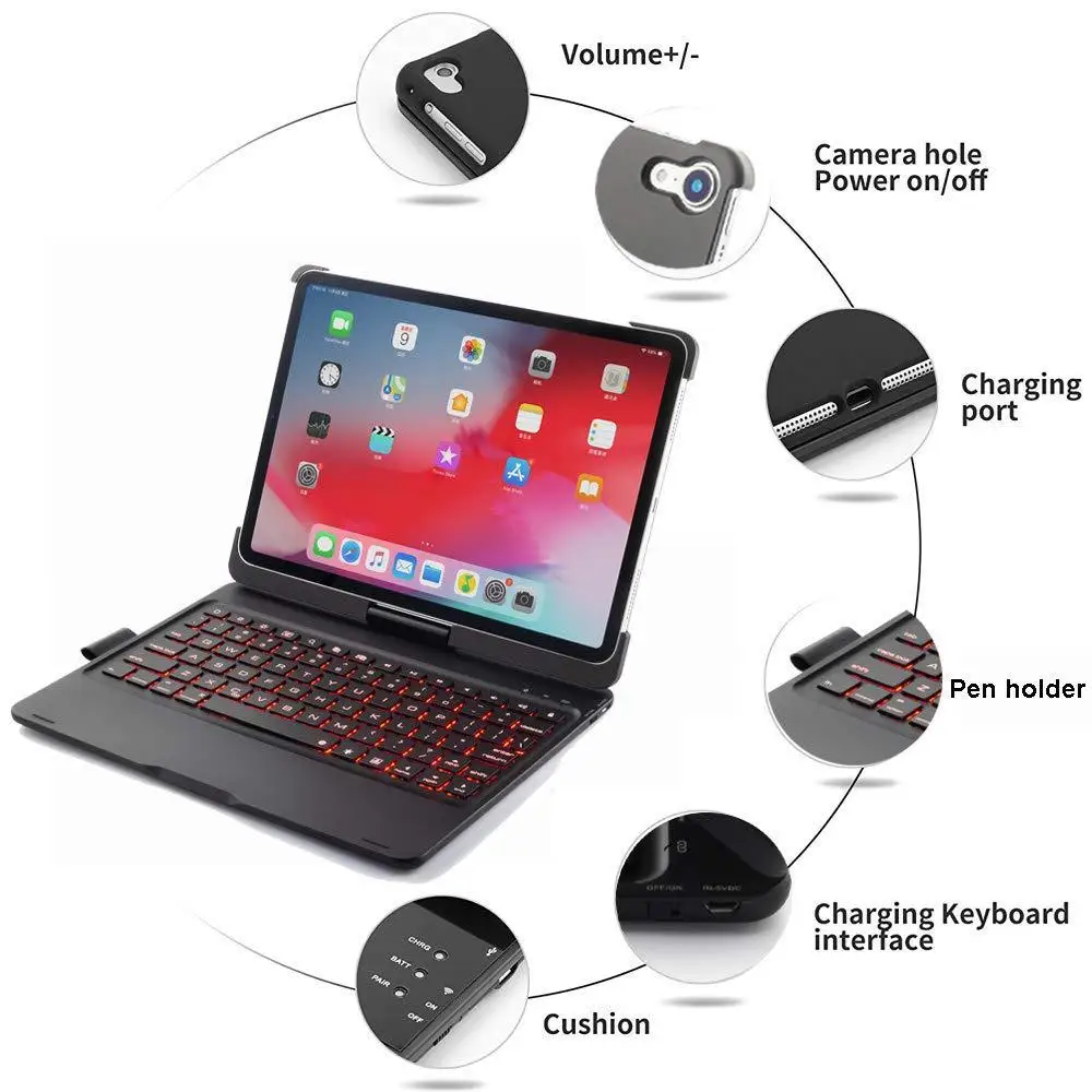 

7 Color Backlit 360 Rotation Ultra-Thin Smart Wireless Bluetooth Keyboard Case Cover For IPad Pro 11 Keyboard Cover