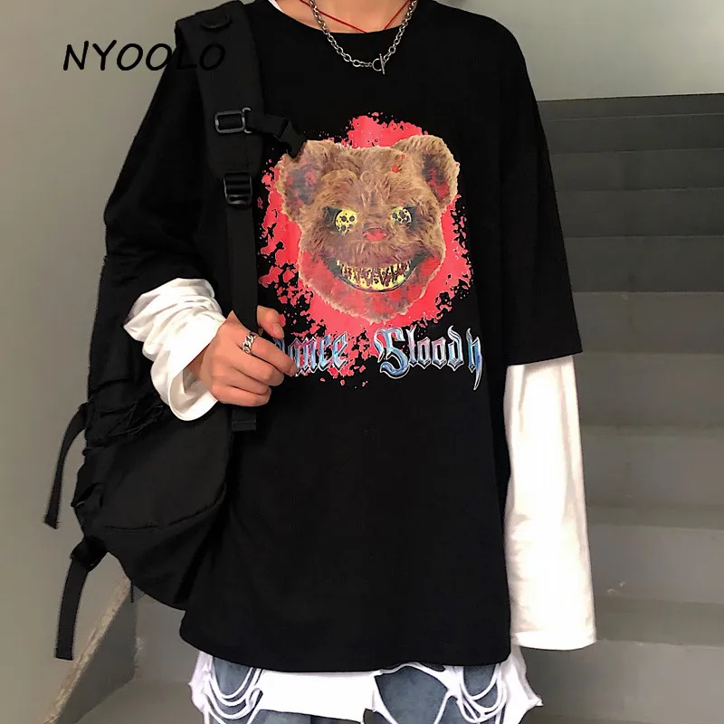 NYOOLO Осенняя уличная одежда с принтом в виде медведя крови, 2 предмета Лоскутная футболка Повседневная футболка с длинными рукавами для женщин и мужчин - Цвет: Черный