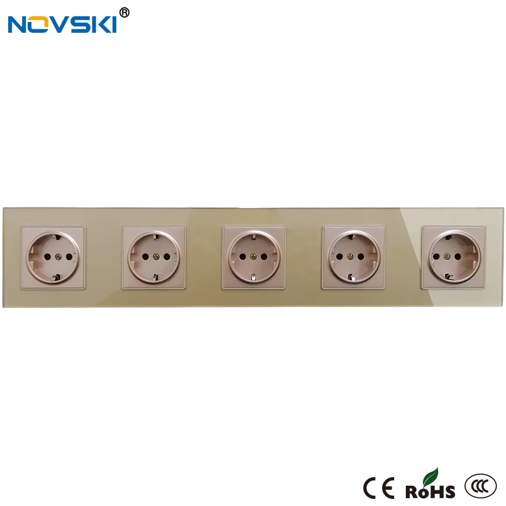 Crystal Glass Panel Electrical Socket Triple German Plug Grounded, 16A EU Standard Quadruple Power Socket, 15 Years Warranty