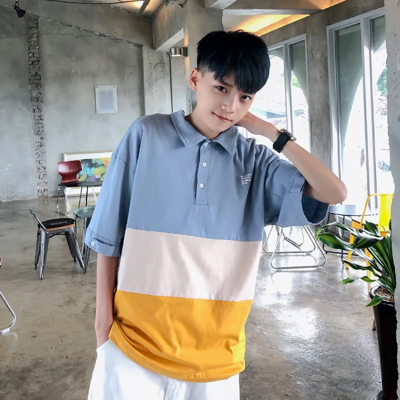 2019 Summer Men's New Casual Contrast Color Stitching Short-sleeved Lapel T Shirt Loose Temperament Trend Cotton Harajuku 2019 Summer Men's New Casual Contrast Color Stitching Short-sleeved Lapel T Shirt Loose Temperament Trend Cotton Harajuku