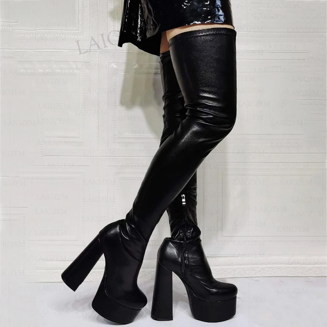 

DOHBANER Women Thigh High Boots Elastic Platform Thick Heels Over Knee Boots Ladies Faux Leather Shoes Woman Big Size 41 44 47