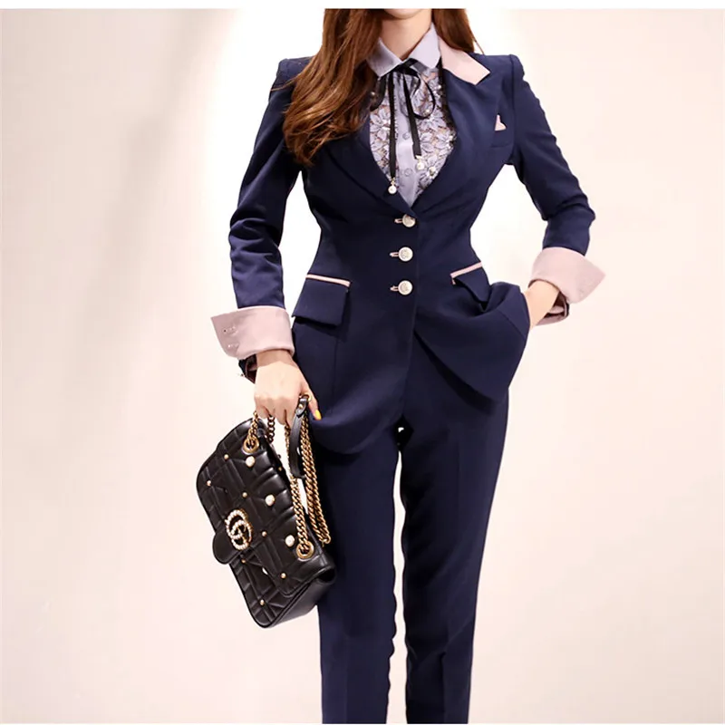 

2019 Runway High-end Women's Suit 2 Pieces Set Autumn Fashion Single-breasted OL Bussines Office Lady Blazer Pants Suits