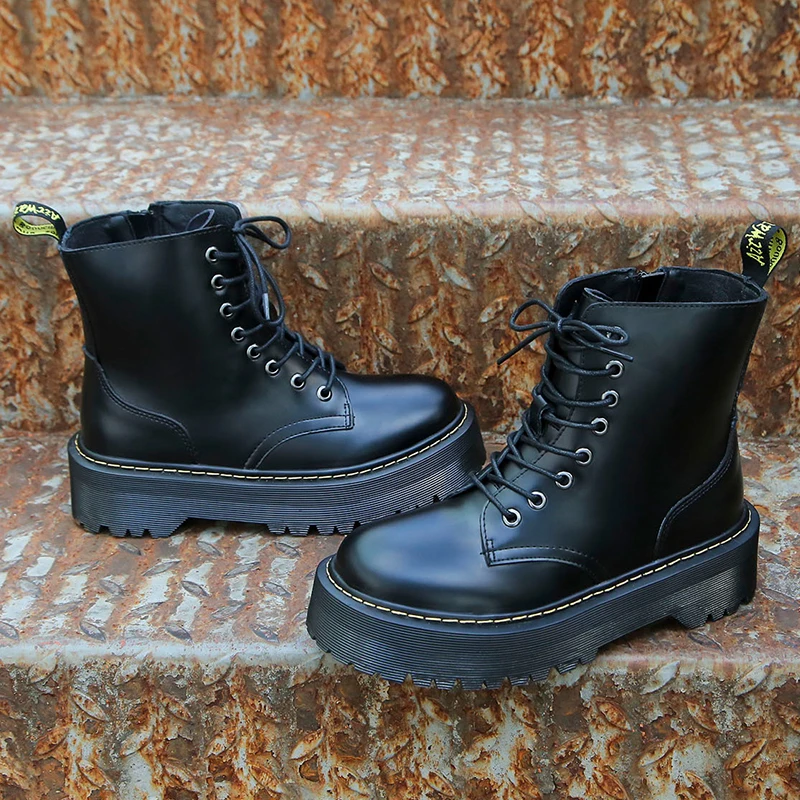 2019 New Platform Martin Boots Black Combat Boots Women Leather Gothic Punk Ankle Boots Women Shoes Lace Up Casual Botas Mujer