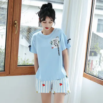 

2020 Summer Short Sleeve Cotton Shorts Pajama Sets for Women Korean Striped Pants Sleepwear Homewear Pijama Mujer Home Clothes