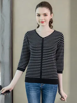 

2020 Spring Clothing New Style Large Size Dress Loose Casual Tops Fat Mm by Age Stripes V-neck Slimming Sweater